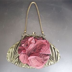 Nicole Lee Evening Clutch Bag Green Satin Burgundy Flower Kiss Lock